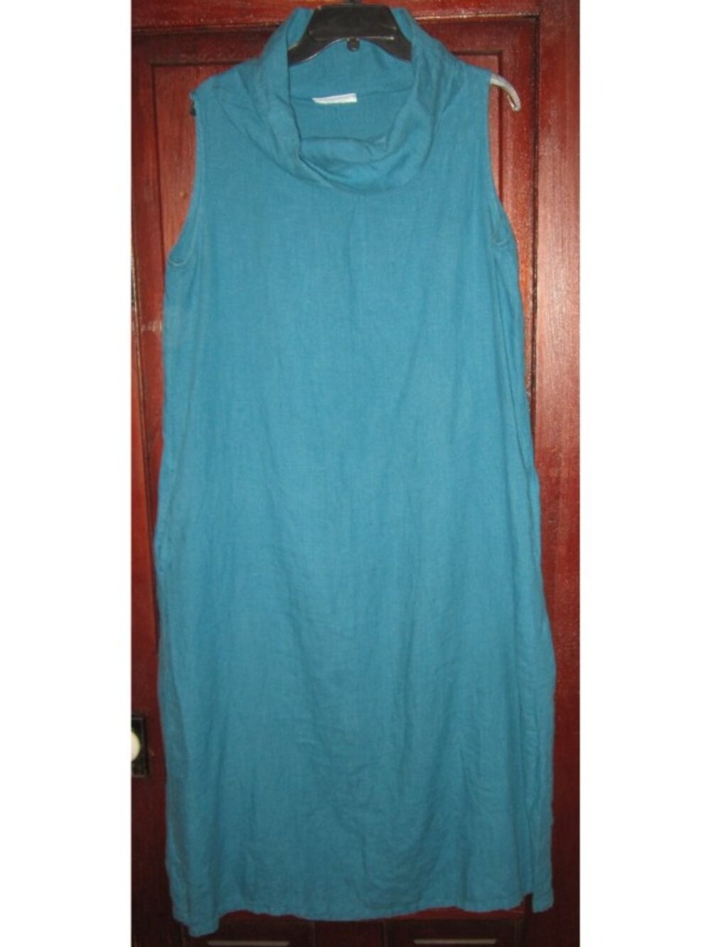 Bryn Walker XS 100% Linen Dress Long Midi Maxi Cowl Neck Teal Blue Pockets USA
